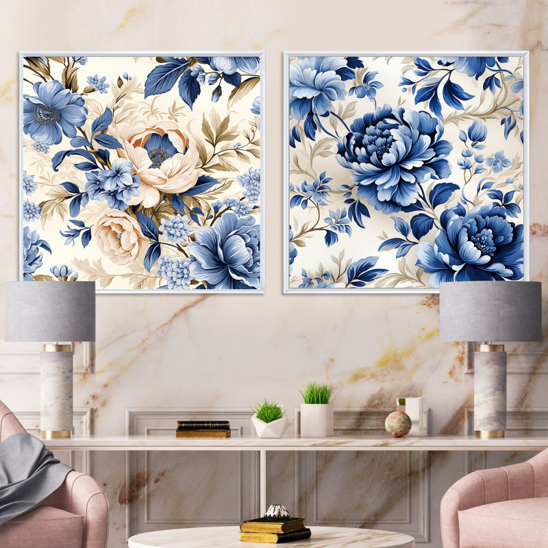 Motif victorien rococo bleu cobalt victorien, Cadre flottant blanc, H 16 po x l 33 po