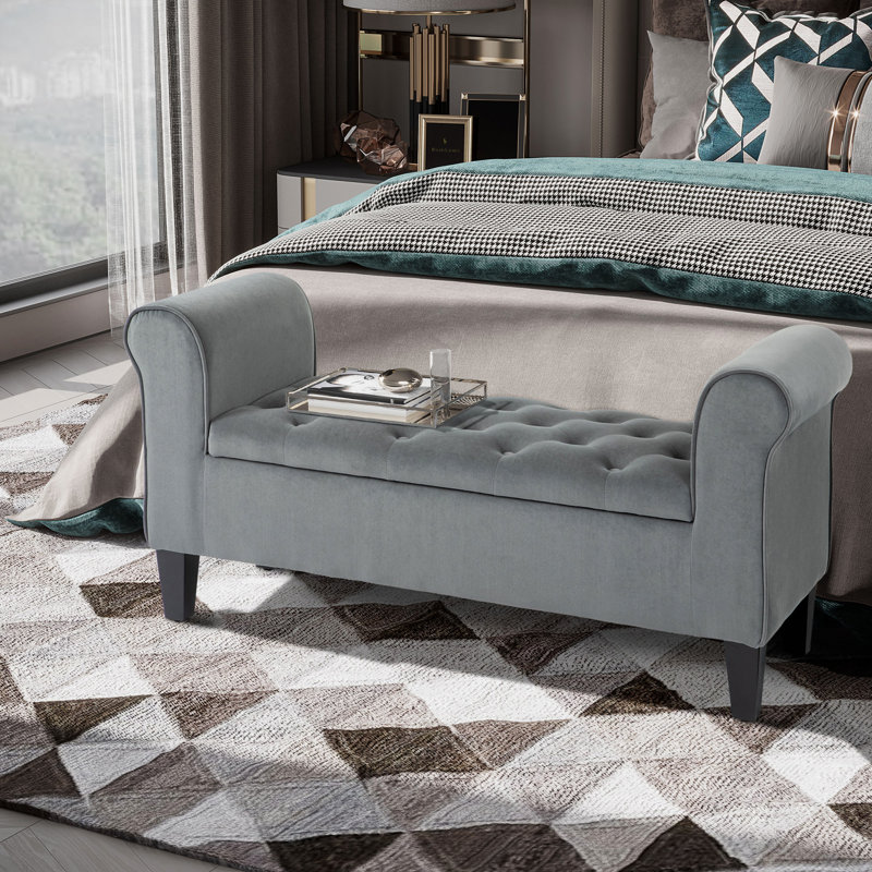 Banc avec repose-pieds capitonné et accoudoirs roulés, Polyester - Grey