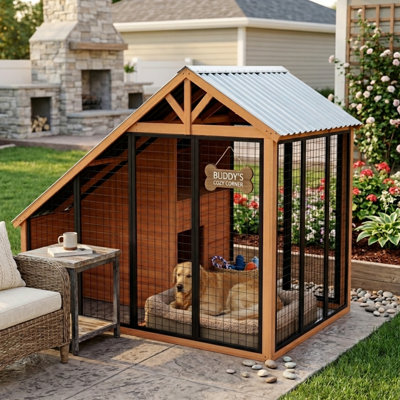 Niche pour chien d'extérieur avec toit en acier, chenil en bois