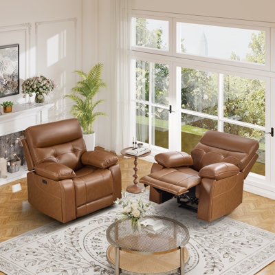37" W Classic Top Grain Leather Power Recliner Chair With USB Port, Adjustable Electric Reclining & Hidden Cupholders For Living Room (Set Of 2)