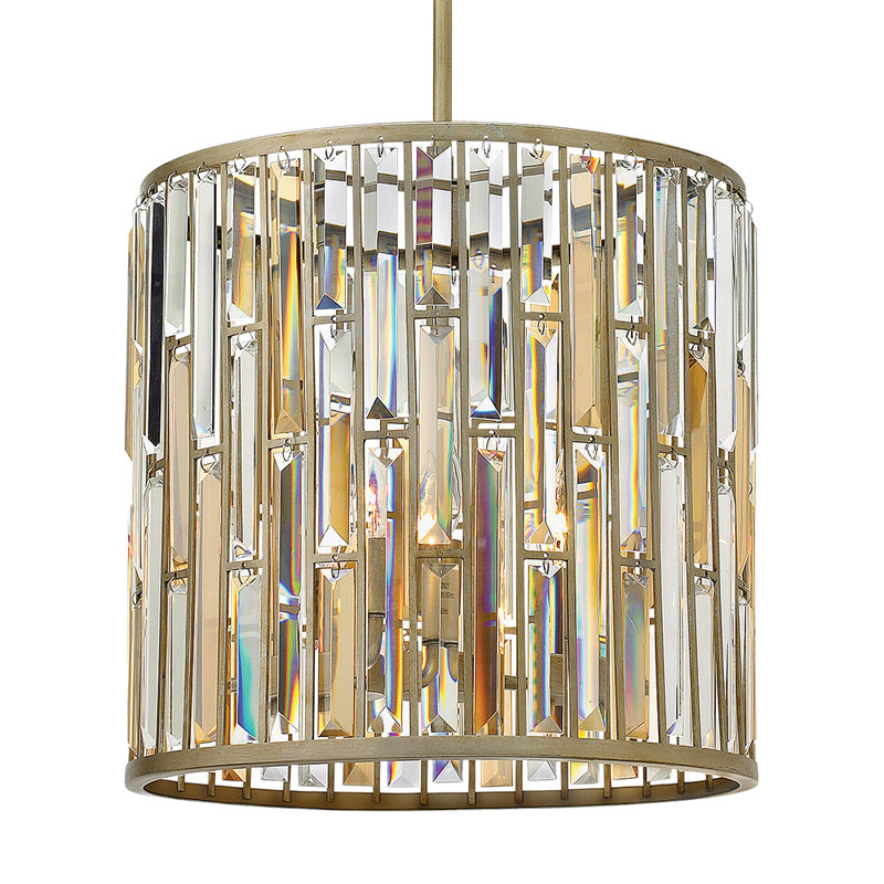 Gemma Key Three-Light Convertible Tall Drum Pendant w/ Crystal Rectangular Prisms, Silver leaf