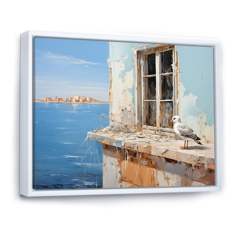 «Seagulls Perch Horizon II - Coastal Windows», art mural, Cadre flottant blanc, H 34 po x l 44 po x P 1,5 po