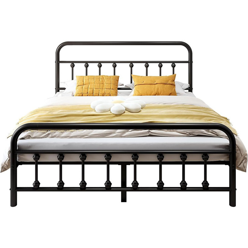 Structure de lit en métal, structure de lit double avec tête de lit, structure stable, lattes en acier robustes supportées, rangement sous le lit, aucun sommier requis, 14 po, noir