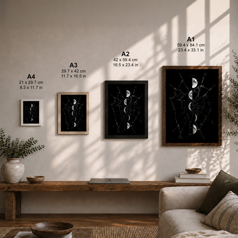 Lunar Branches Japandi - Framed Print, Black, A3 - 42.0 x 29.7 cm