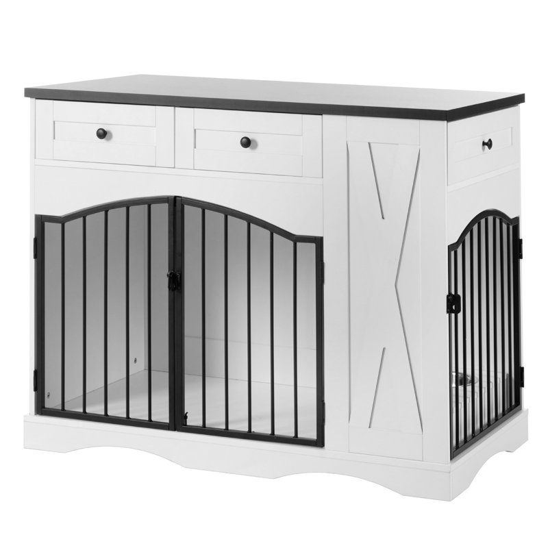 Meuble pour chien de 43,3 po, cage de ferme robuste avec 3 tiroirs, chenil d'intérieur en bois avec mangeoire amovible, table de bout pour cage de chien, blanc