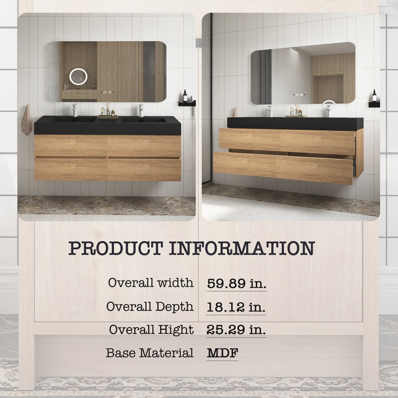Meuble-lavabo avec lavabo à quartz et tiroirs à fermeture en douceur, meuble-lavabo mural flottant pour salle de bain moderne, lavabo une pièce