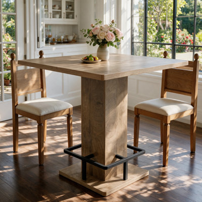 Table de salle à manger carrée 31,5 "à hauteur de comptoir, table de cuisine de ferme avec base piédestal et repose-pieds en métal, brun
