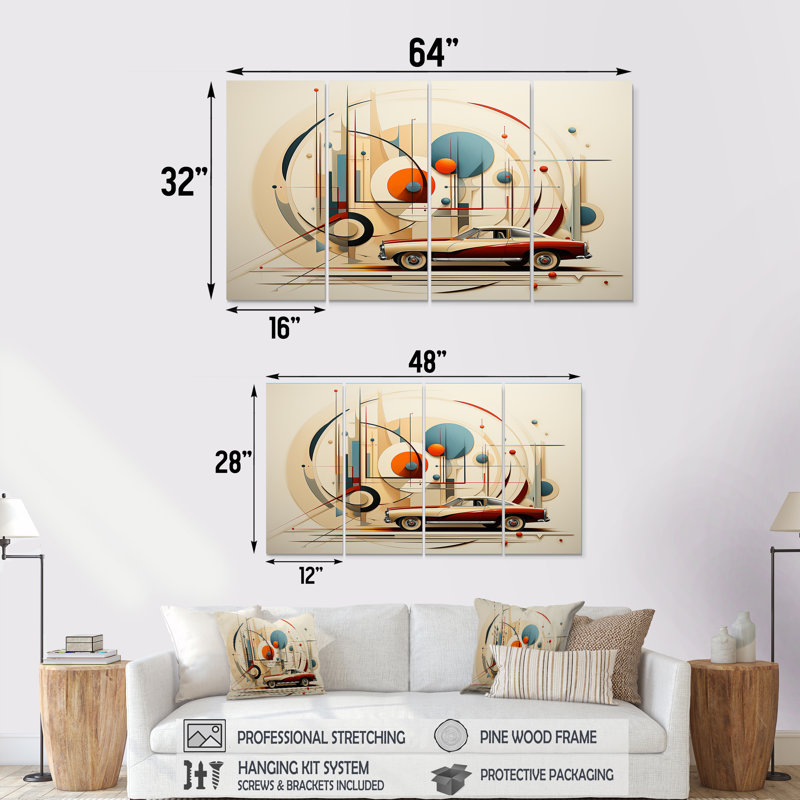 Mid Century Red Car Geometrics - Car Vintage Wall Art, ensemble de 4 pièces, H 32 po x l 64 po