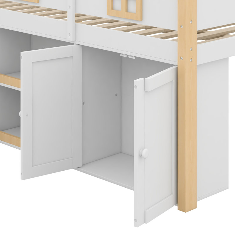 Lit mezzanine multifonctionnel avec tablettes et armoires de rangement