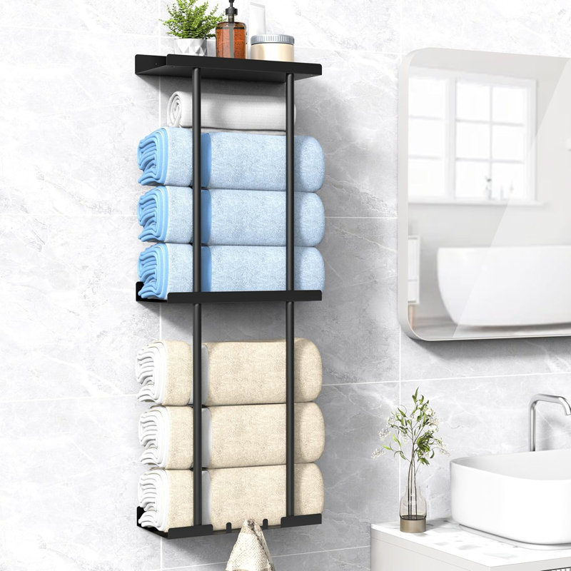 Porte-serviettes pour salle de bain, porte-serviettes à 3 niveaux avec tablette et barre à serviettes, porte-serviettes mural, rangement pour serviettes et organisateur