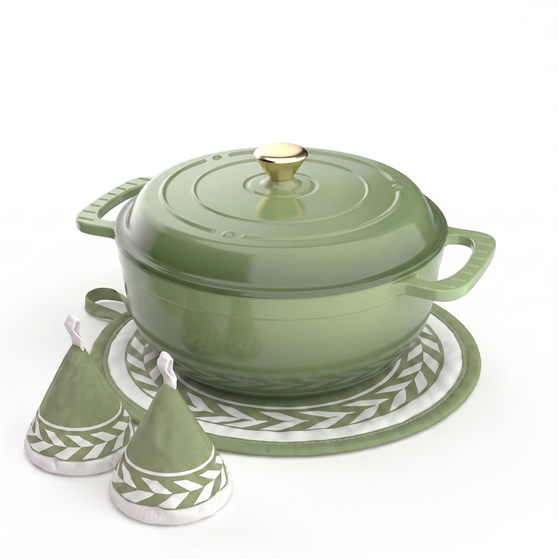 6 qt. Cast Iron Round Dutch Oven in Green With Lid, Green, 6 quarts