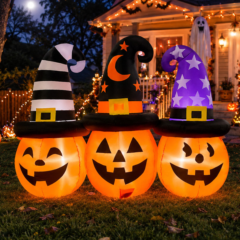  Triple citrouille gonflable illuminée d'Halloween de 6 pi avec chapeaux de sorcière distincts