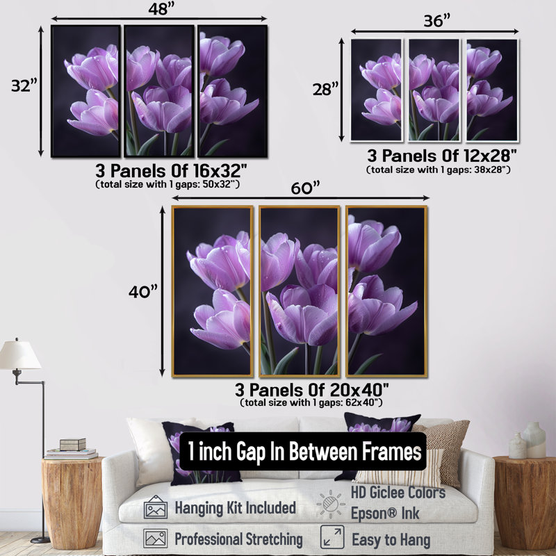 Mauve gris Moody Majesty Tulips II - ensemble d'art mural tulipes, Toile avec cadre flottant noir, H 28 po x l 12 po x P 1 po