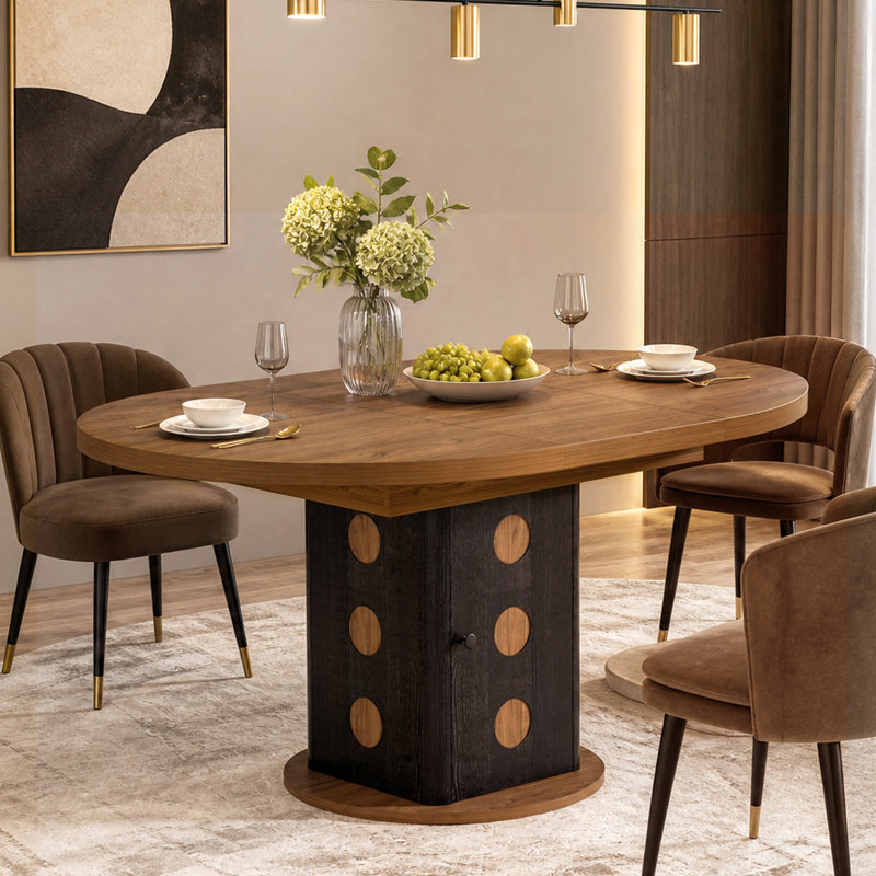 Table de salle à manger ronde extensible de 110 à 150 cm avec rangement dissimulé, style campagnard moderne, en bois de noyer, idéale pour la cuisine et le salon.