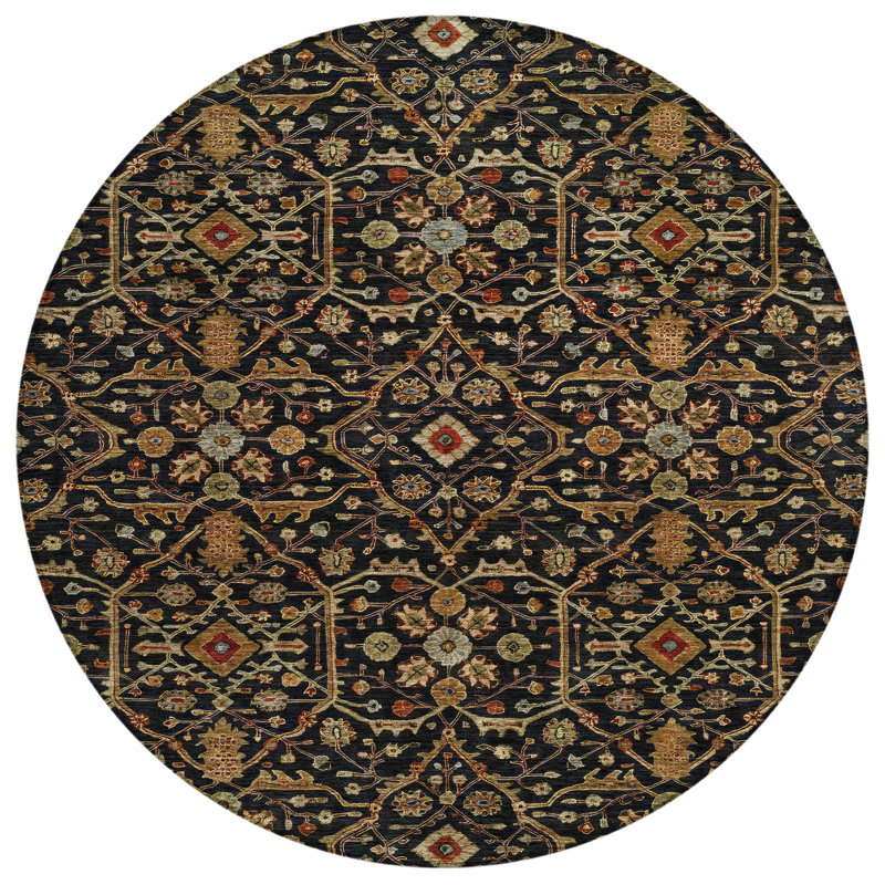 Machine Washable Indoor/Outdoor Segin ACN1130 Black Rug, Round 8'