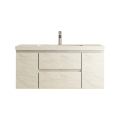 Ensemble de meuble-lavabo mural simple 48 po avec plateau en pierre blanc brillant brillant et 48 tiroirs Modern Jazz