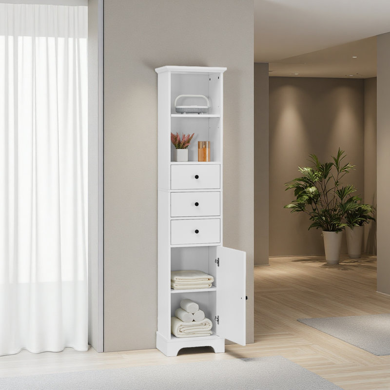 Grande armoire de salle de bain blanche, armoire de rangement autoportante avec 3 tiroirs et tablette réglable