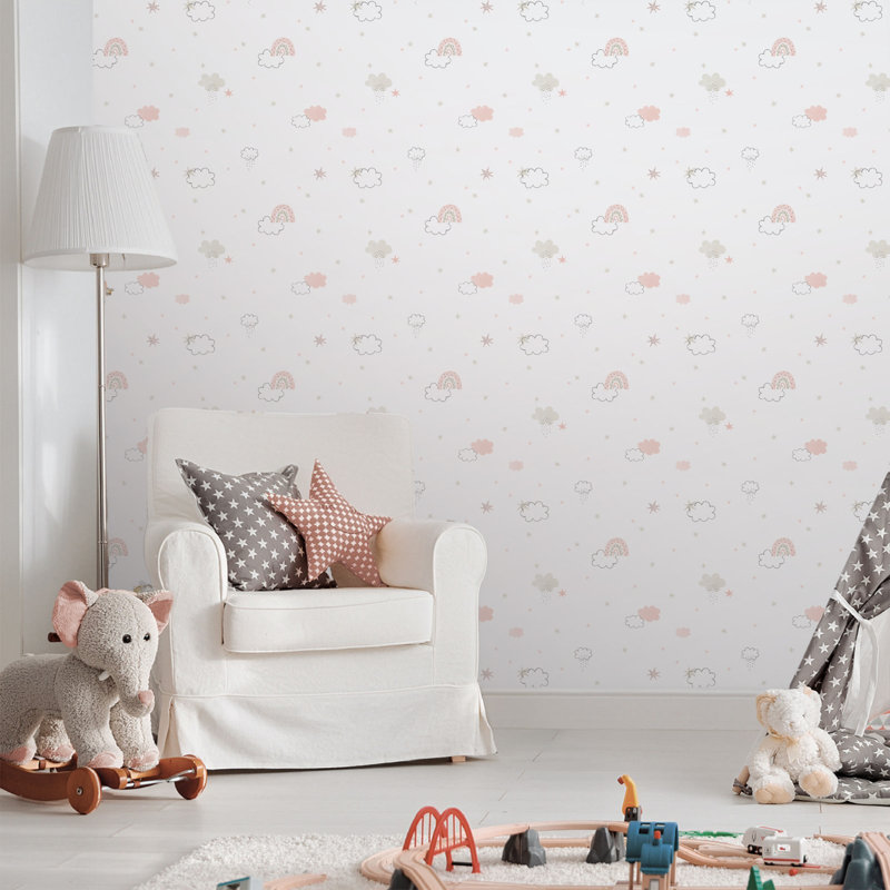 Bambino Collection Rainbows and Clouds Wallpaper Roll, Pink