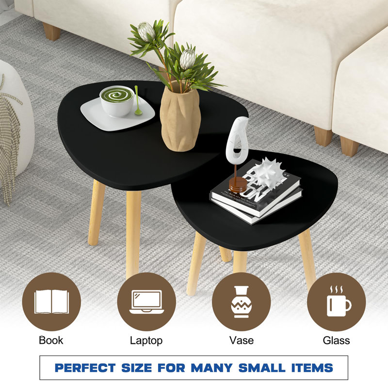 Modern Semi-Nesting Tables Triangle Side Table with Wooden Legs, Set of 2, Black