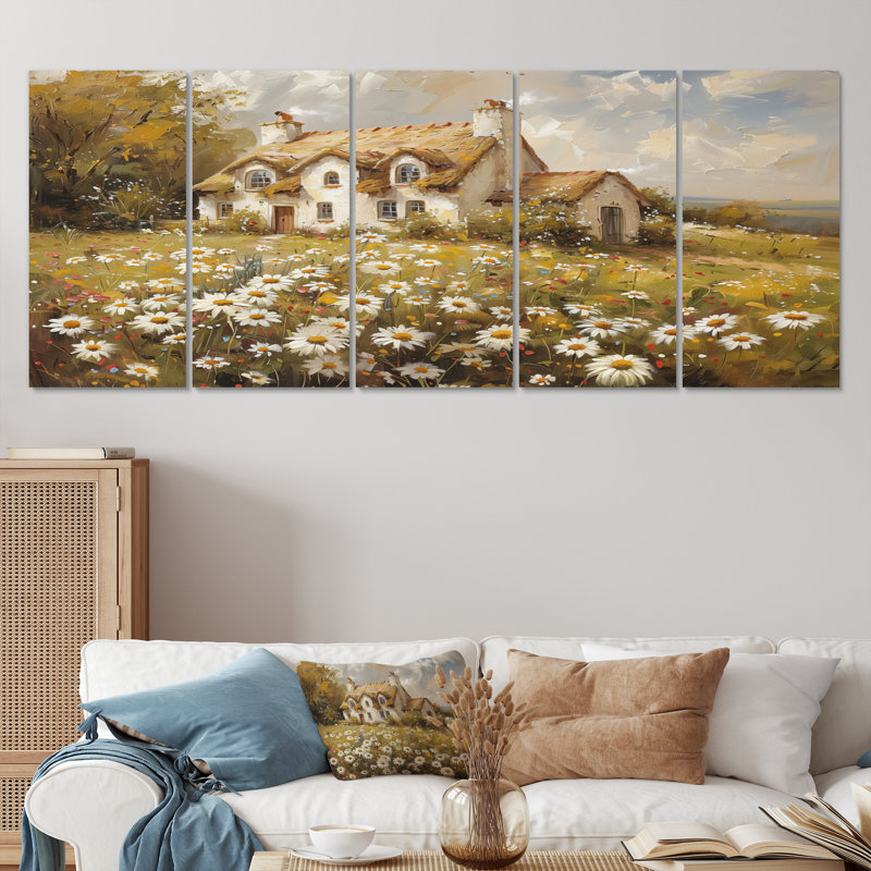 «White Yellow Daisy Delight Country Cottage», ensemble d'impression d'art mural campagne, H 32 po x l 80 po