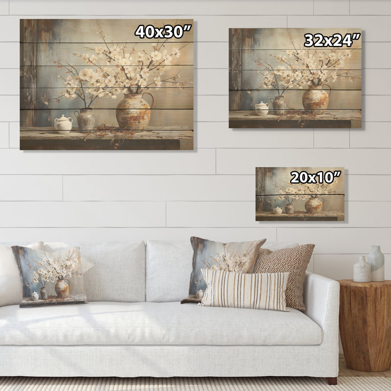 Poterie et fleurs, art mural sur bois de pin naturel, H 24 po x l 32 po