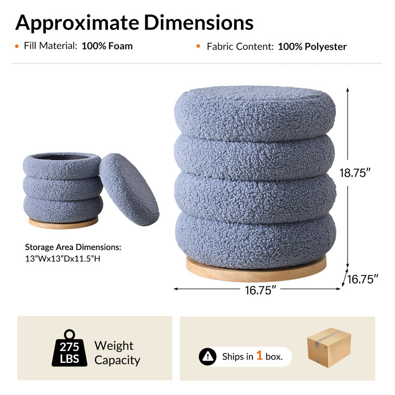 Rosa Modern Storage 360°Swivel Round Ottoman With Solid Wood Base, Blue
