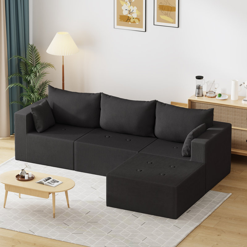 Boneless 104.25''W Corduroy Modular Sectional Sofa, No Assembly Required, Black Corduroy