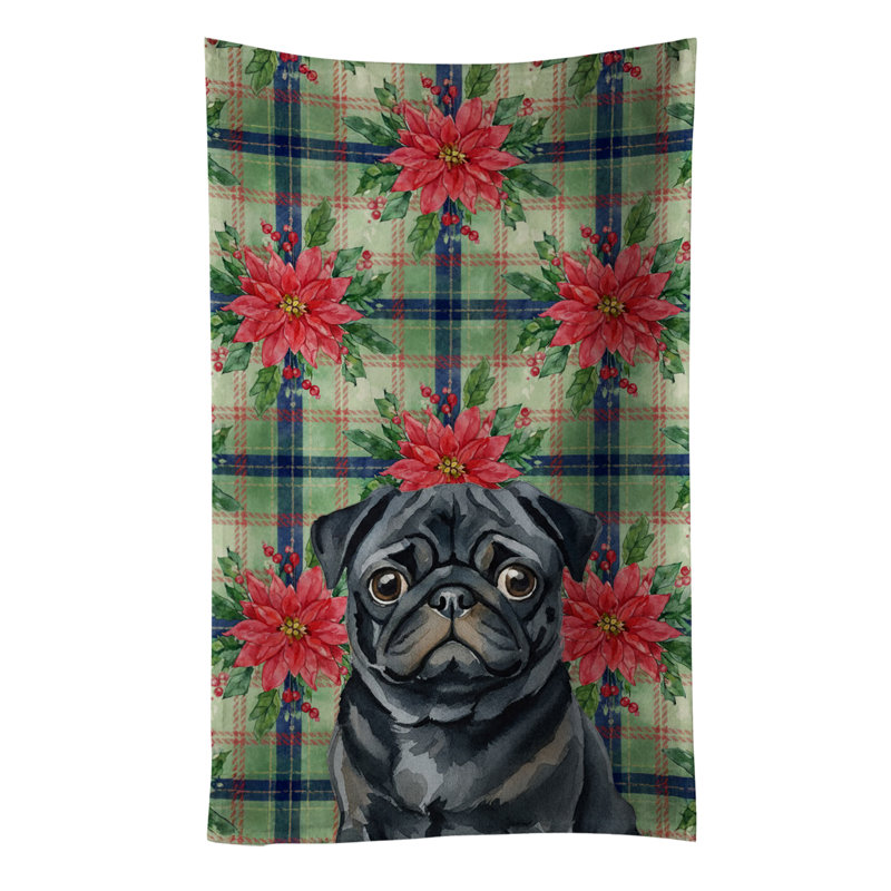 Black Pug Christmas PoinsettIas Kitchen Towel, Black Pug