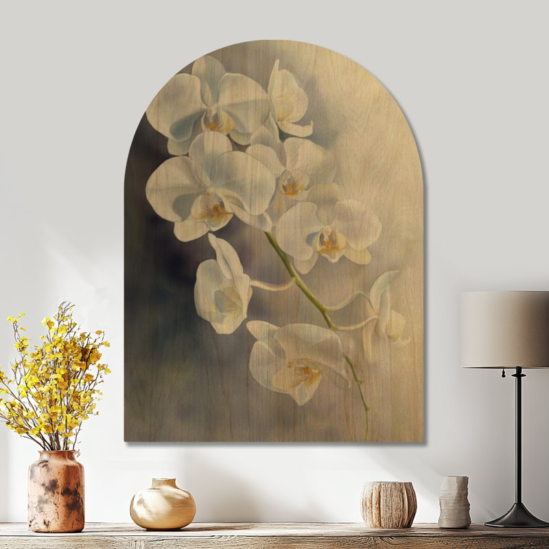 Orchidée cascade sur blanc - art mural floral en bois arqué, H 40 po x l 30 po, Arche