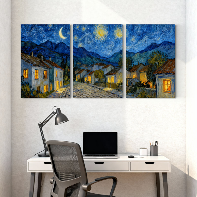 «Abstract Starry Night Village Landscape», ensemble de 3 impressions sur toile, H 24 po x l 48 po