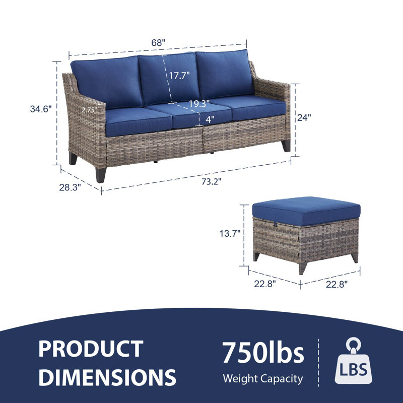5 - Person Outdoor Wicker Patio Conversation Furniture Sofa Set With Ottomans, 2 Pieces:Sofa, Ottoman, Blue