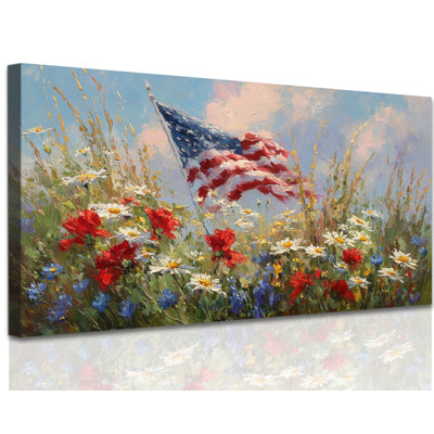  Patriotic American Flag Canvas Wall Decor, Rustic Farmhouse Wildflowers Artwork, Vintage 4th of July Wall Art Prints, Vibrant Summer Americana Pictures for Office, 28x58 inches