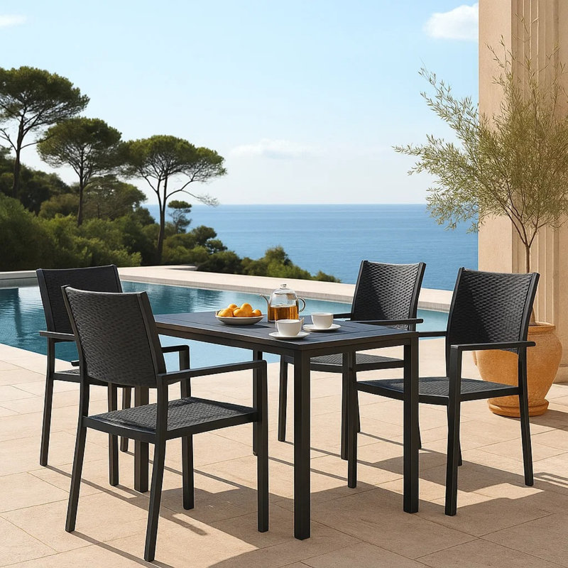 Ensemble de 4 fauteuils de jardin arrière, noir, empilable, motif natté