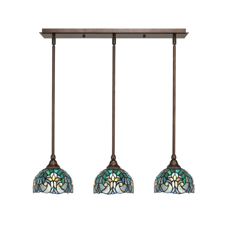 3 Light Stem Hung Linear Pendalier Shown With 7" Cypress Art Glass, Turquoise, Bronze