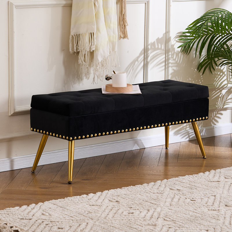 Banc repose-pieds en velours avec rangement, H 16,7 po x l 40 po x P 14,4 po, Noir