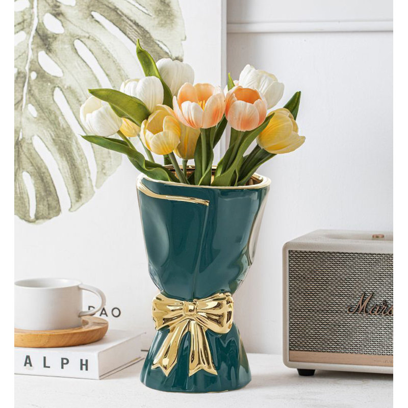 Bow Vase, Flower Vases For Table Decor, Teal;Gold, 9.65"