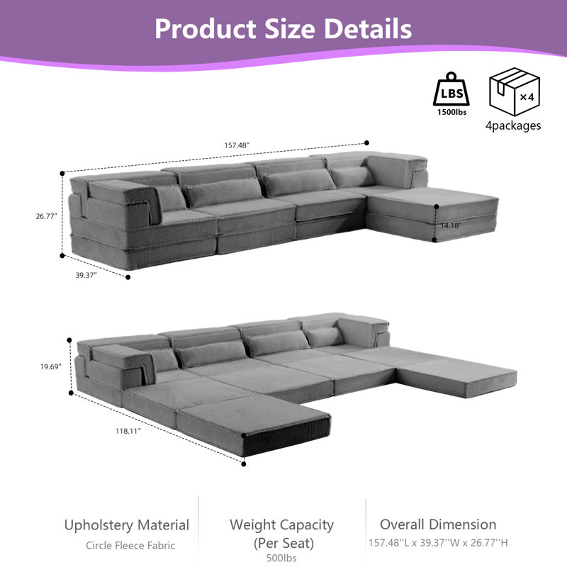 Canapé-lit modulaire avec repose-pieds Boneless, White Fabric