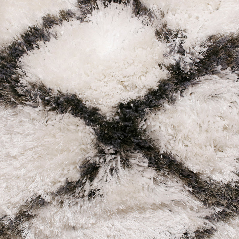 20" White and Black Diamond Shag Throw Pillow