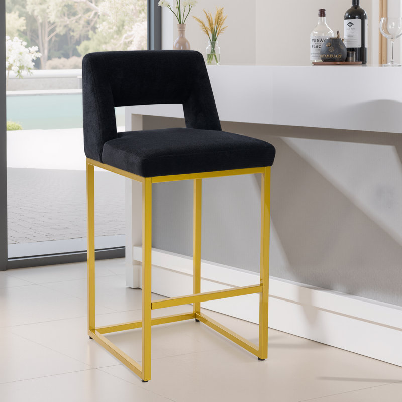 26" Upholstered Counter Barstool With Low Back And Metal Frame Modern Kitchen Island Seating, Black Seat/ Gold Frame