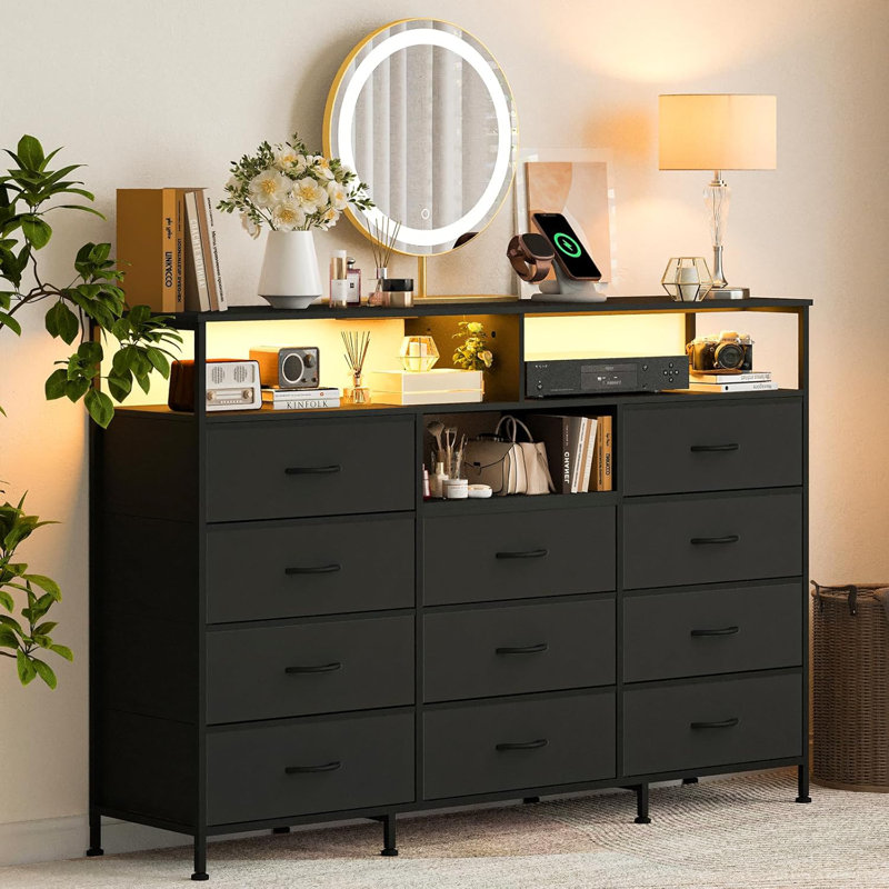 Commode pour chambre à coucher avec 11 tiroirs en tissu, meuble télé avec prise de courant de 55 po, Noir