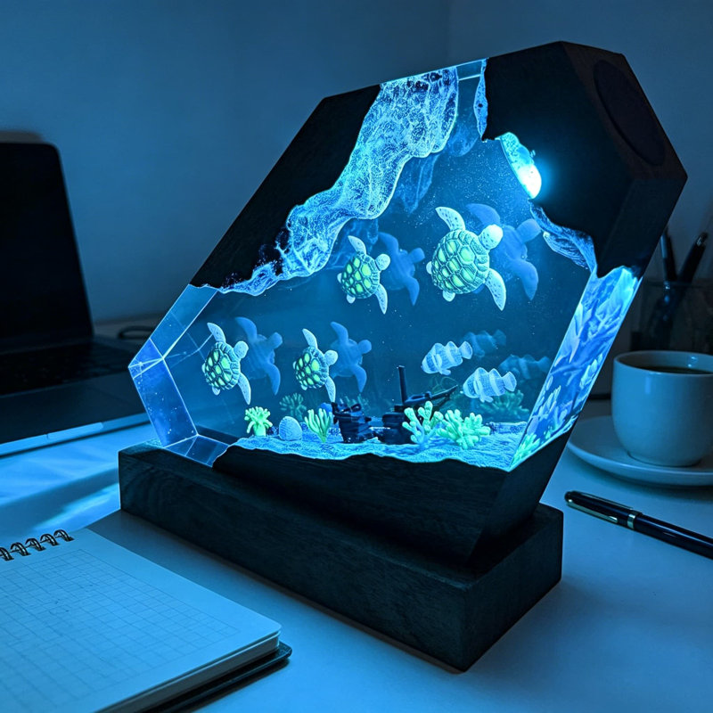 Lampe en résine de tortue de mer fabriquée à la main avec lumières DEL variables et port USB - veilleuse sur le thème de l'océan pour la décoration intérieure et les cadeaux