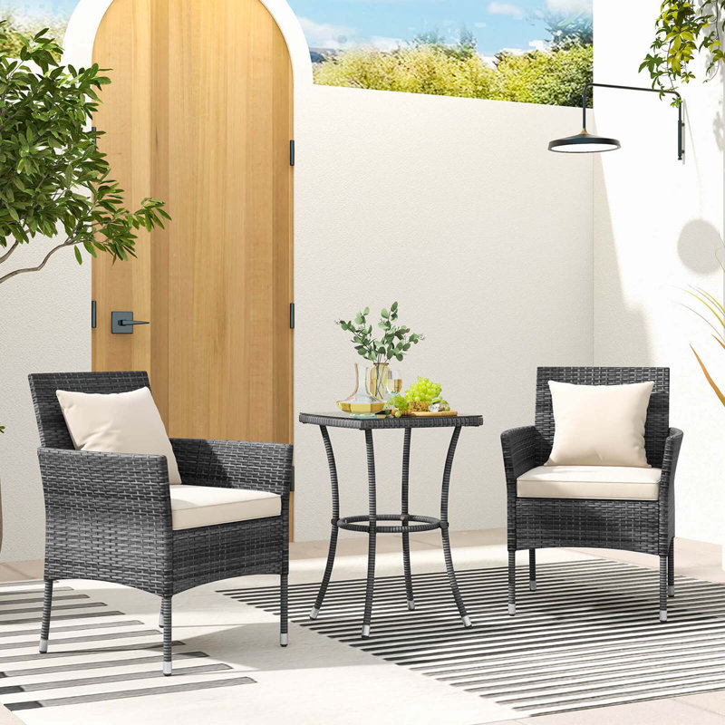 Ebern Designs 3 Pcs Patio Furniture Set With Cushioned Patio Chairs & Tempered Glass Coffee Table Grey, Beige