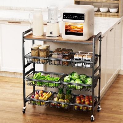 Four-Tier Utility Kitchen Cart with Wood Top and Removable Baskets, Rolling Metal Storage Cart with Adjustable Shelves and Lockable Wheels for Pantry,