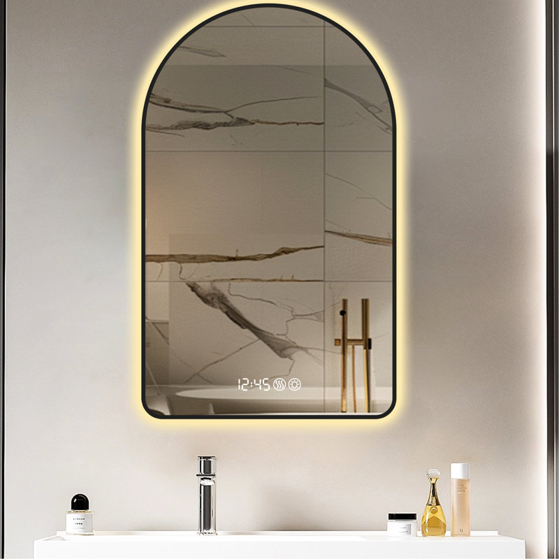 Miroir de salle de bain arqué à DEL 32 po x 60 po, affichage de l'heure et de la température, rétroéclairé, brouillard, réglage de la fonction 3 couleurs changeantes, cadre en aluminium noir pour meuble-lavabo 32 po x 60 po, indicateur, brouillard, réglage