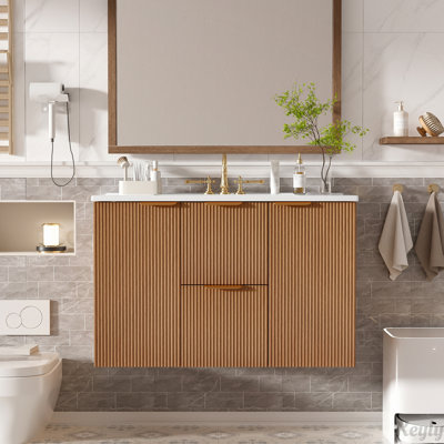 Meuble-lavabo simple 36 po avec comptoir en céramique, armoire en panneau de fibres à densité moyenne, portes à fermeture en douceur, tiroirs divisés et meuble-lavabo mural moderne