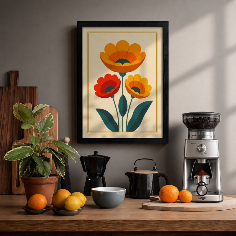 Folk Flowers Botanical - Framed Print, A1 - 84.1 x 59.4 cm, Black