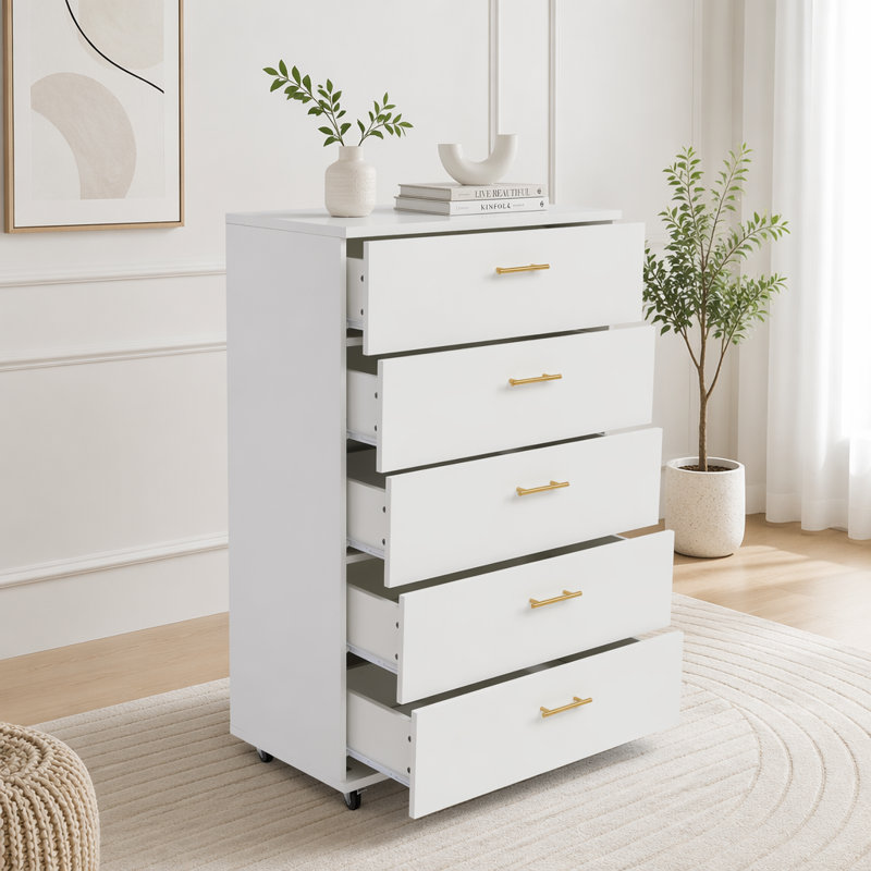 Commode blanche à 5 tiroirs avec poignées