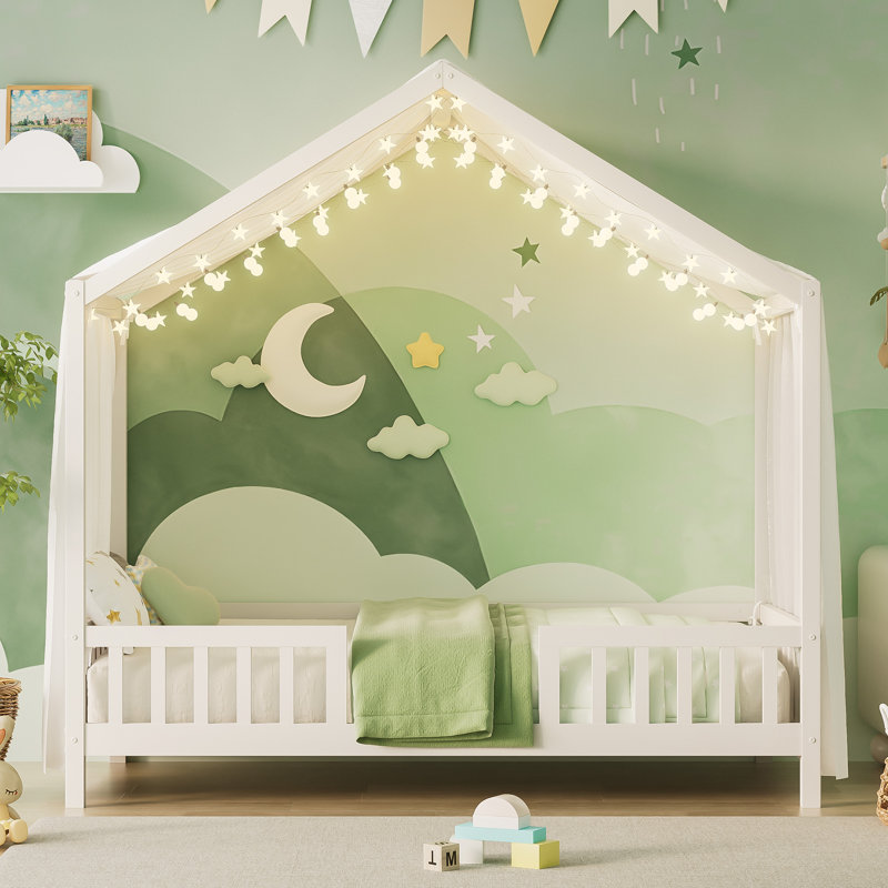 Lit simple Montessori avec baldaquin, base de lit pour tout-petits en bois, Lit simple, Blanc
