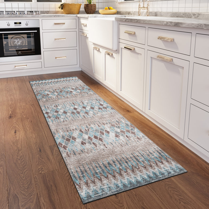 Blue and Beige Flat Woven Chenille Runner Rug