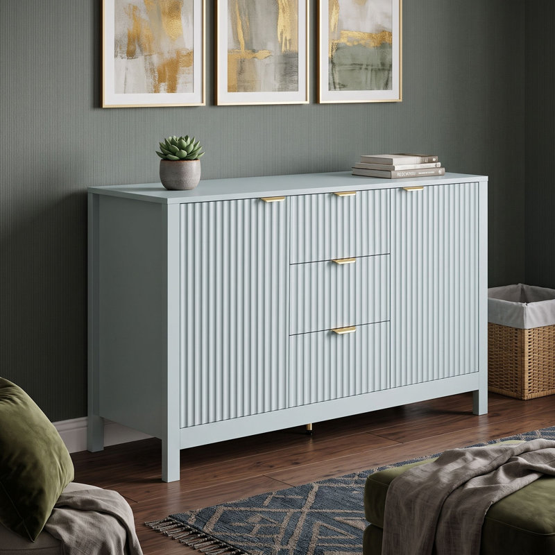 Buffet en bois avec 3 tiroirs, tablettes réglables et portes à fermeture en douceur, Cyan